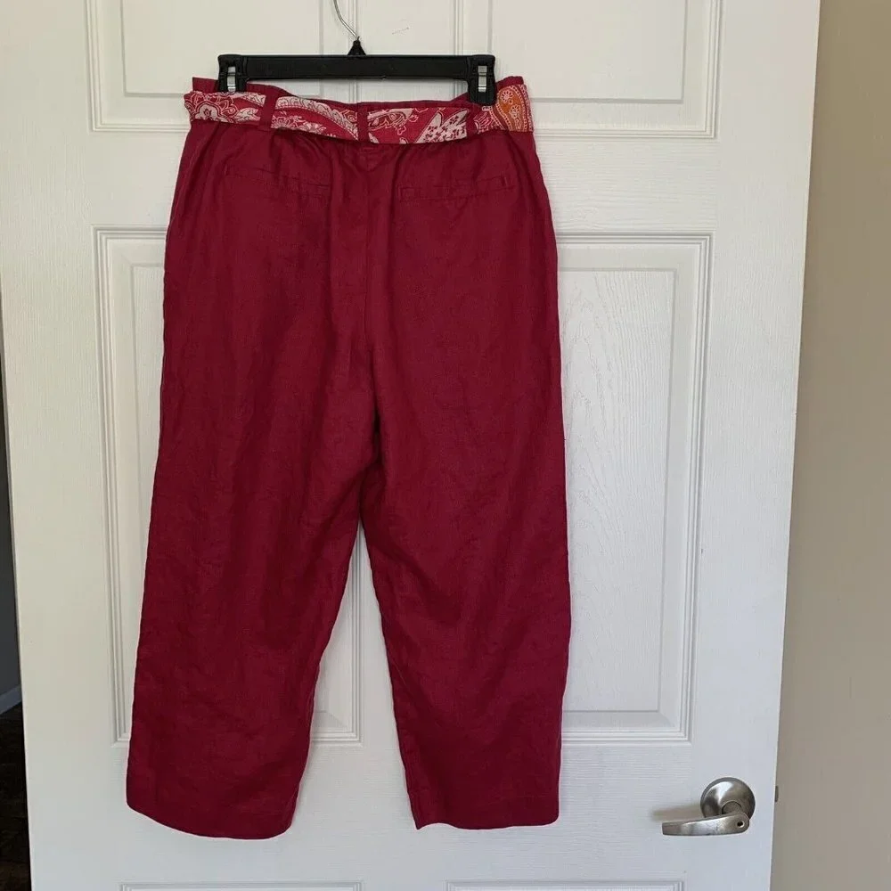 Liz Claiborne Audra Size 8 Wine Color 100% Linen Wide Leg Cropped Belt